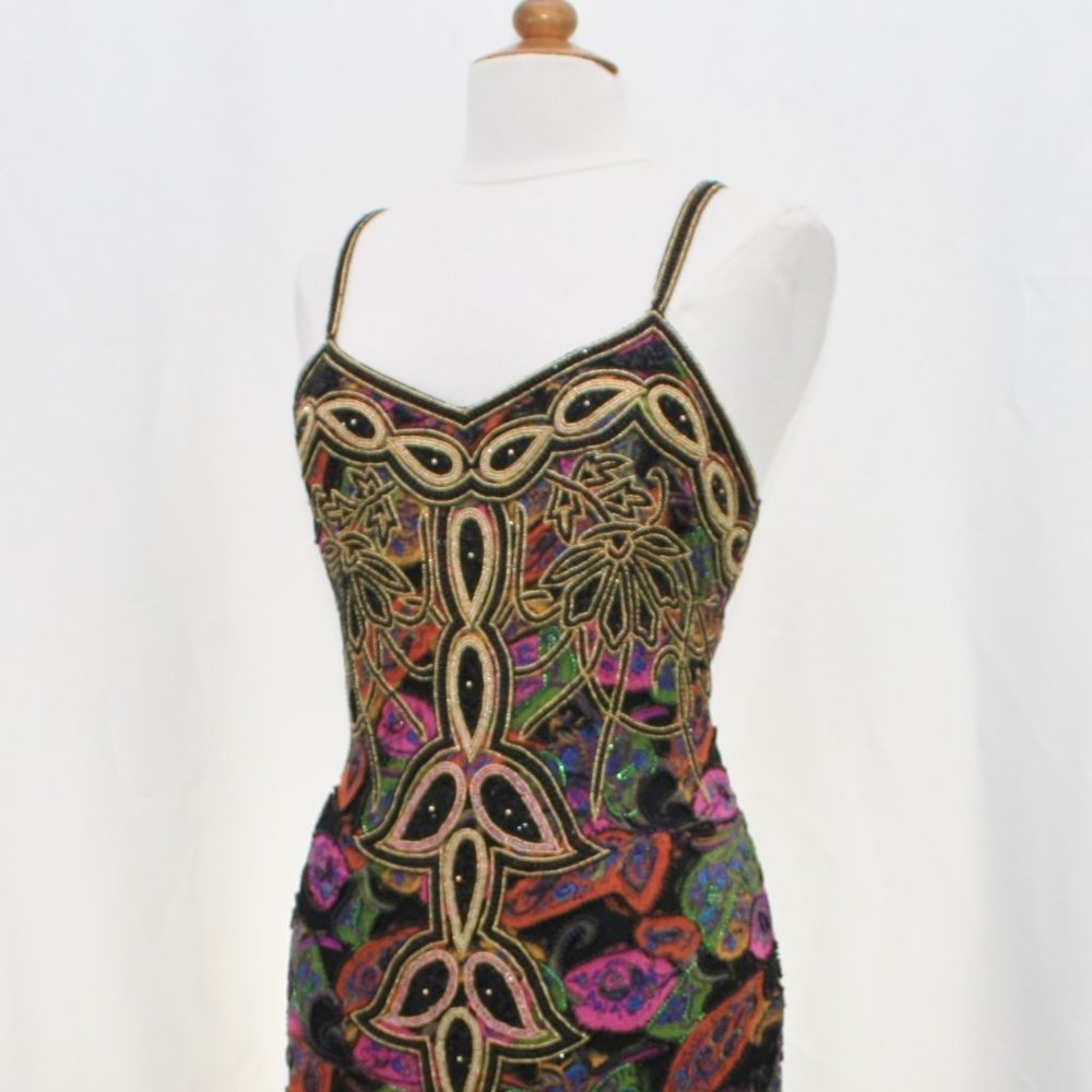 JASDEE Vintage Dress Hand Work Bead & Sequins Hand Print On Silk Style 2027L